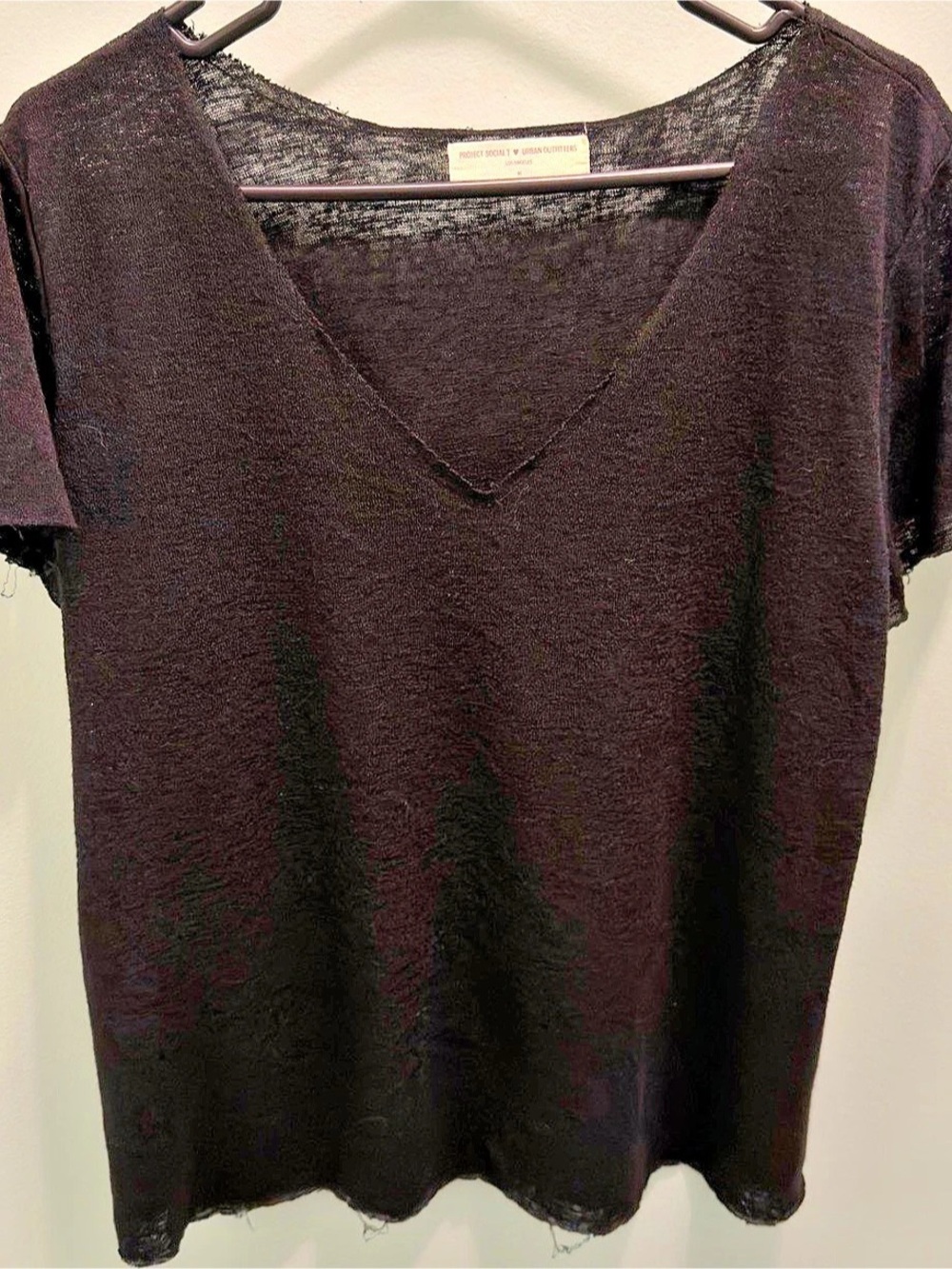 Project Social T Textured-Knit V-Neck Tee Black Size Medium